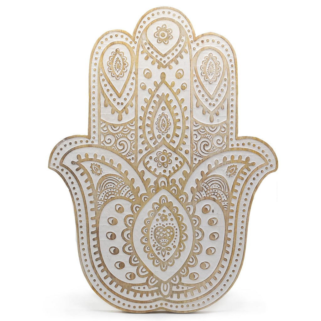Mango Wood Hamsa Wall Plaque - Whitewash 52 cm